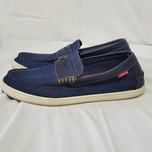 LEVI'S men's comfort Penny loafer slip on shoes SIZE 12 denim blue leather tan - Picture 5 of 12